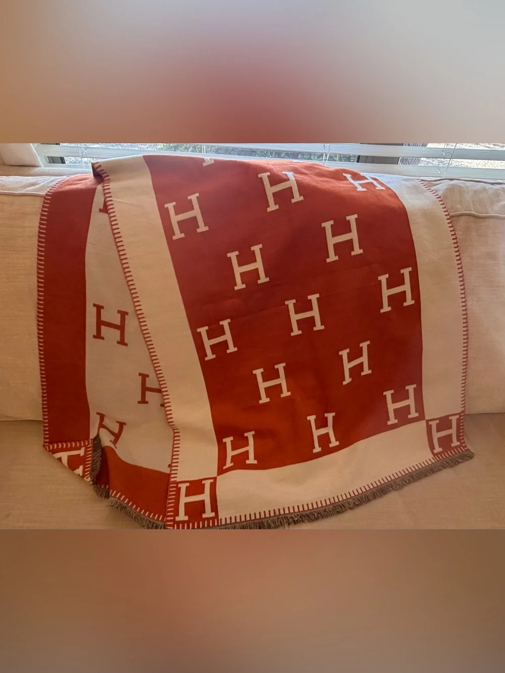 Hermes orange and white H monogram throw/scarf